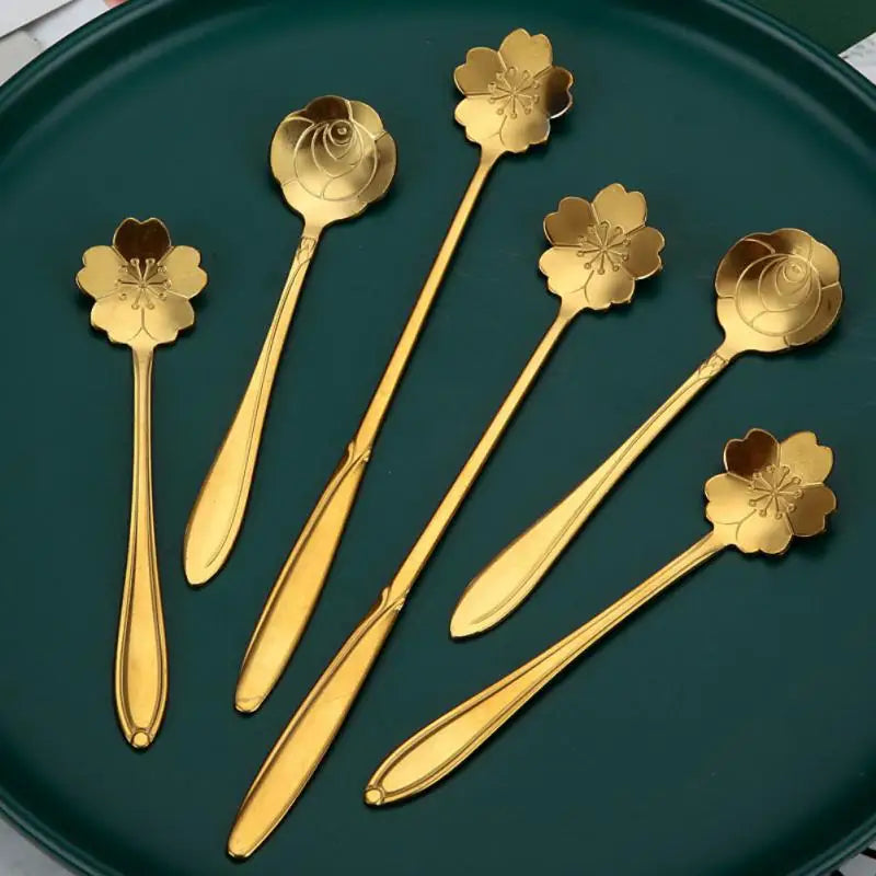New Flower Spoon Set Small Teaspoon Coffee Spoon Cute Ice Cream Dessert Spoon Silver Gold Stainless Steel Spoon