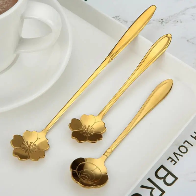 New Flower Spoon Set Small Teaspoon Coffee Spoon Cute Ice Cream Dessert Spoon Silver Gold Stainless Steel Spoon