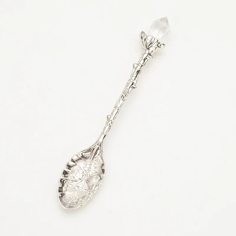 Vintage Crystal Head Leaf Alloy Coffee Spoon
