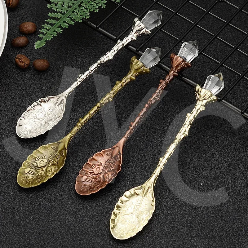 Vintage Crystal Head Leaf Alloy Coffee Spoon